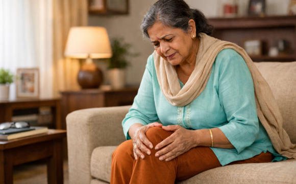 Total Knee Replacement Surgery - Elderly patient experiencing chronic knee pain while sitting at home and holding the knee