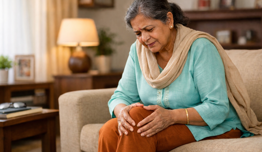 Total Knee Replacement Surgery - Elderly patient experiencing chronic knee pain while sitting at home and holding the knee