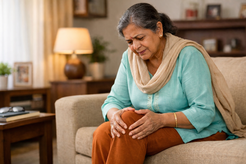 Total Knee Replacement Surgery - Elderly patient experiencing chronic knee pain while sitting at home and holding the knee