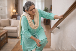 Elderly woman struggling to climb stairs because of severe knee pain and stiffness