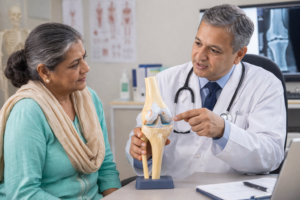 Orthopaedic doctor explaining knee arthritis and joint damage to an elderly patient in clinic