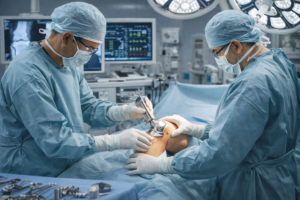 Orthopaedic surgeons performing total knee replacement surgery in a modern operation theatre