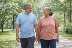 Senior couple walking comfortably outdoors after successful knee replacement recovery