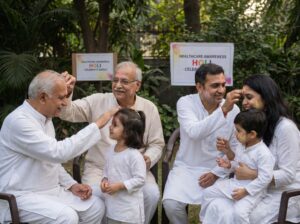 Children and elderly celebrating Holi safely with gentle colours and proper health precautions