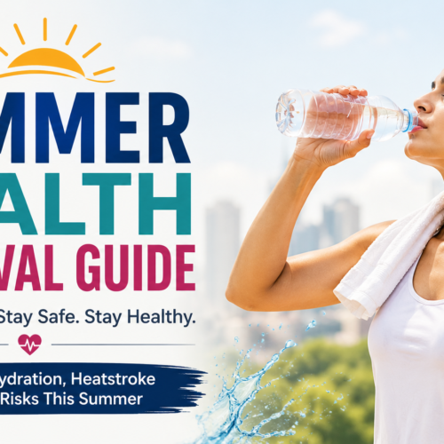 Woman drinking water during summer heatwave to prevent dehydration and heatstroke