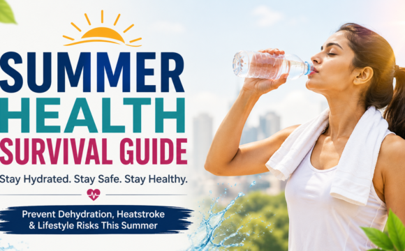 Woman drinking water during summer heatwave to prevent dehydration and heatstroke