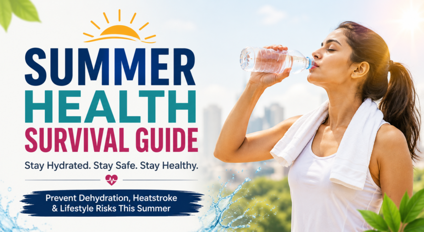 Woman drinking water during summer heatwave to prevent dehydration and heatstroke