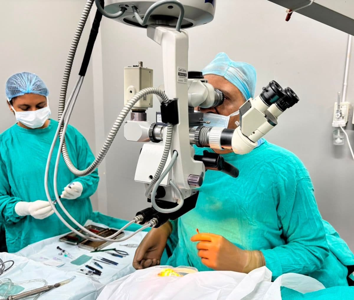Cataract surgery with intraocular lens implant being performed at Sama Hospital, South Delhi