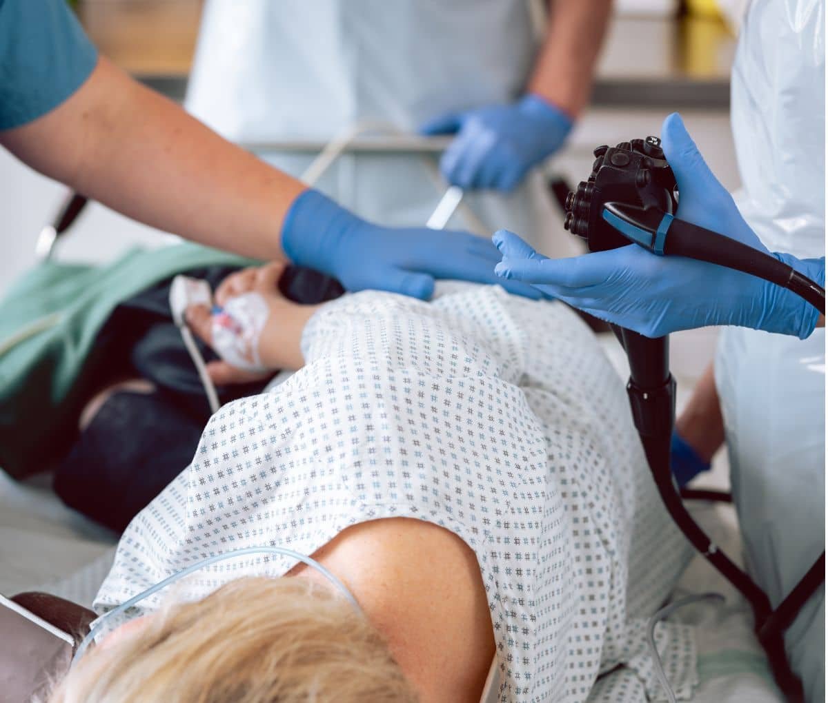 Colonoscopy being performed in the endoscopy suite at Sama Hospital, South Delhi