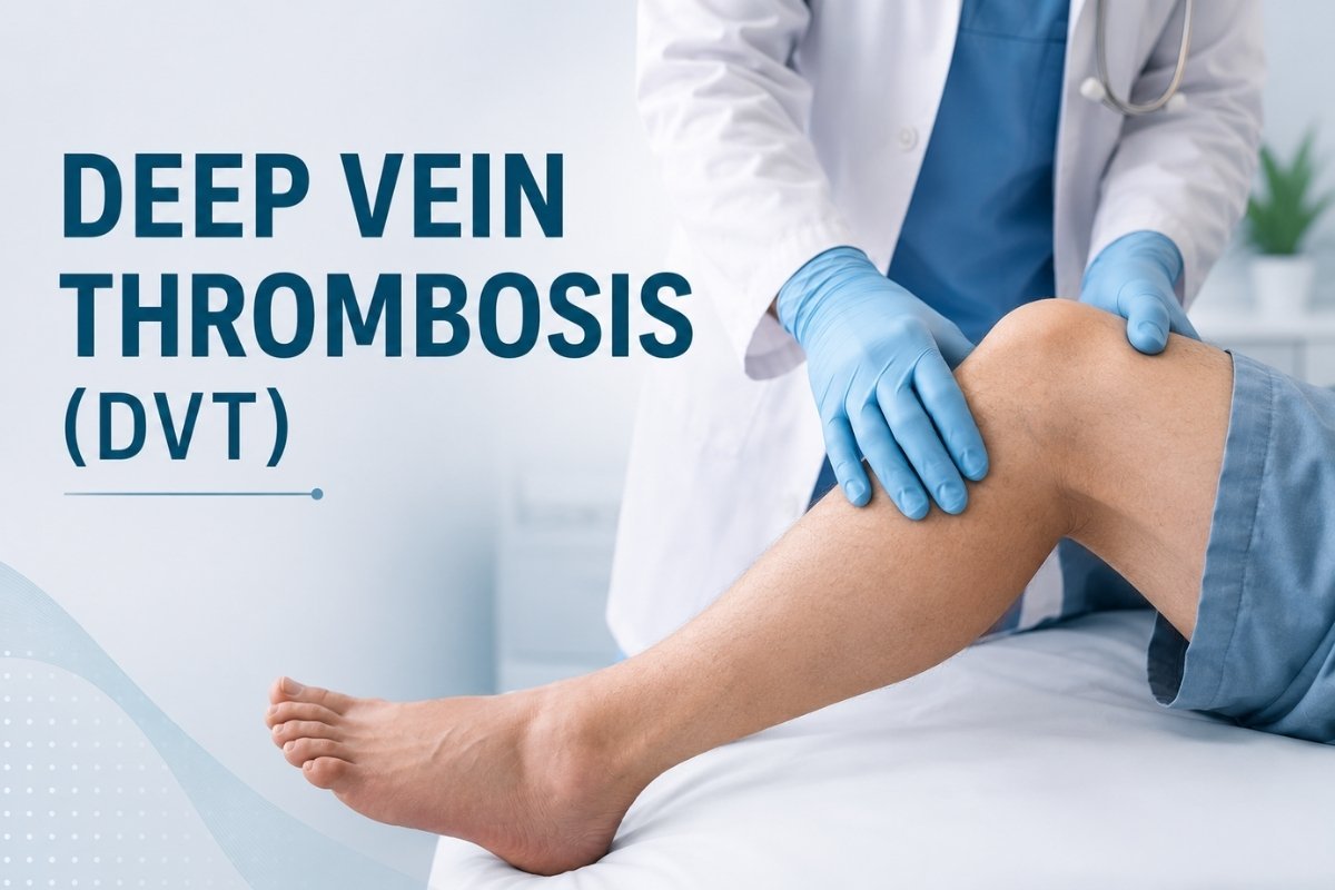 Examination of a swollen leg to assess deep vein thrombosis at Sama Hospital, South Delhi