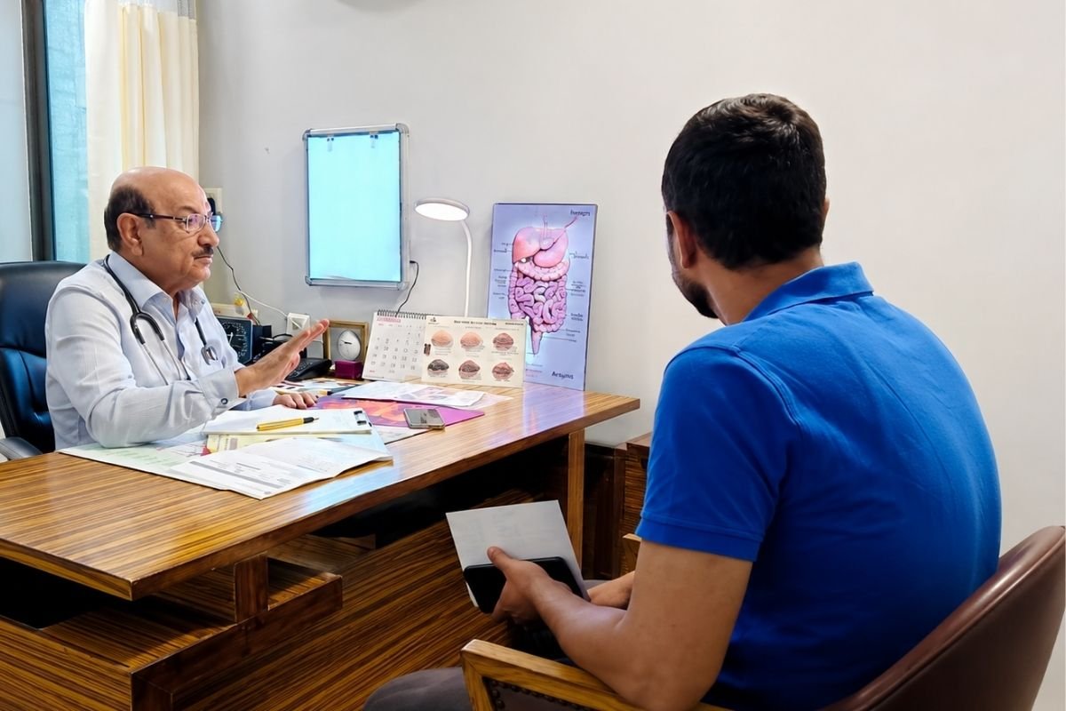 Dr. S.K. Thakur, senior consultant gastroenterologist, in consultation with a patient at Sama Hospital, South Delhi
