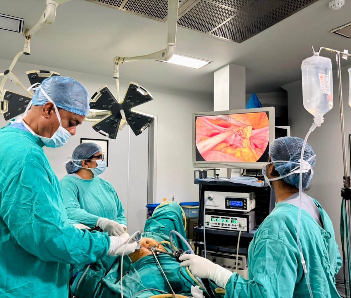 Hystero-laparoscopy being performed in the operation theatre at Sama Hospital, South Delhi