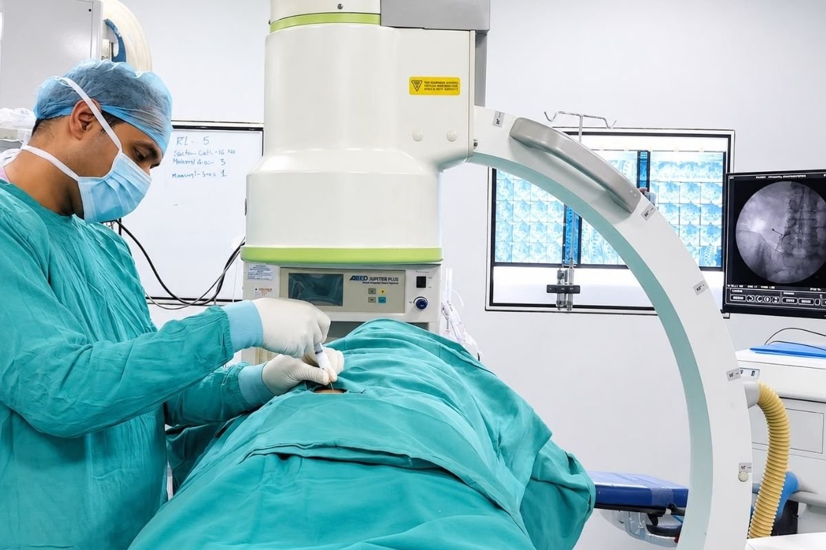 Surgical team using a C-arm image intensifier for fracture fixation in the operation theatre at Sama Hospital, South Delhi