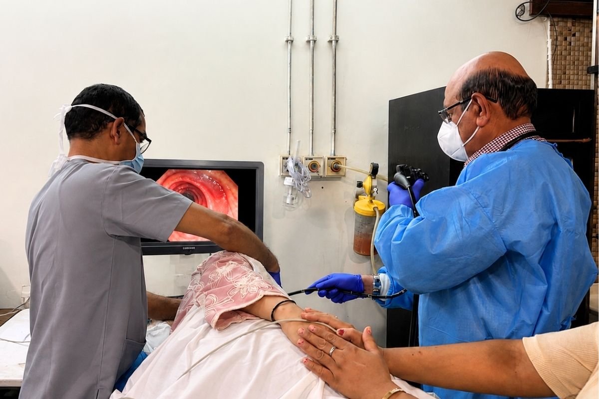 Upper GI endoscopy being performed by a gastroenterologist at Sama Hospital, South Delhi